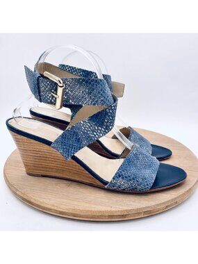 AGL Sandals Womens 10 41 Blue Leather Snakeskin Wedge Peep Luxury Italy Shiny